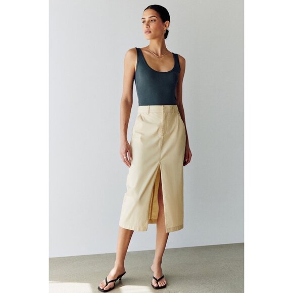 Abercrombie Mid Rise Chino Midi Skirt Front Slit Twill Khaki Work Classic Small - Picture 1 of 9